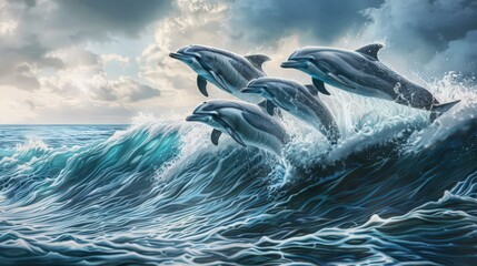 A playful group of dolphins leaping through the waves of the ocean, their sleek bodies glistening as they perform acrobatic maneuvers in the water.