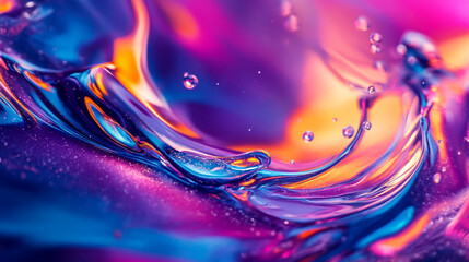 Wall Mural - A vibrant abstract illustration of flowing liquid in shades of purple and blue with sparkling droplets captured in a mesmerizing swirl