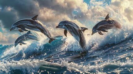 A playful group of dolphins leaping through the waves of the ocean, their sleek bodies glistening as they perform acrobatic maneuvers in the water.