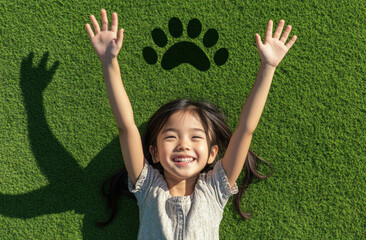 Wall Mural - A little girl lying on the grass with her hands raised, and there is an animal paw print drawn in large size behind her.