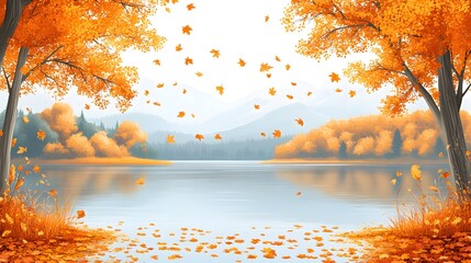 A scenic autumn nature illustration showing golden leaves floating down from trees, with a calm lake in the background and soft hills covered in fall foliage.