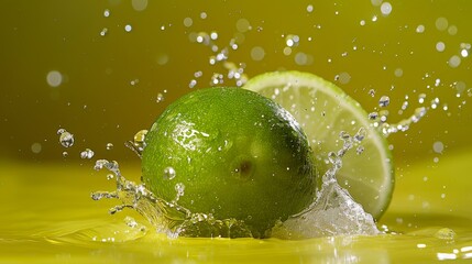 A dynamic close-up of a lime splashing into water, droplets frozen mid-air, highlighting the fruit’s vibrant green color against a fresh, lively backdrop.