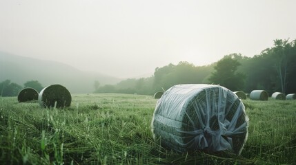 Poster - Wrapped hay bales sit in a misty, dew-covered field at dawn, with rolling hills and a muted sunrise in the background, evoking peace and timeless rural life.