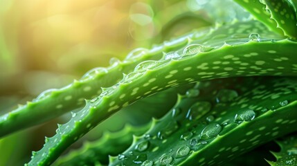 Wall Mural - Dew-covered aloe vera leaves glisten under natural light, emphasizing the plant’s fresh and soothing properties in a serene, green setting.