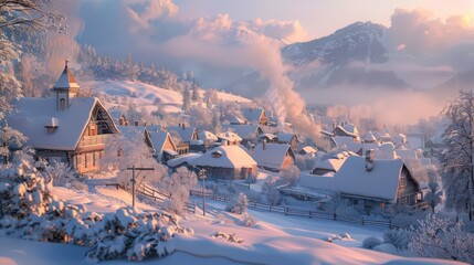 Sticker - A serene snowscape featuring a snow-covered village nestled in a valley, with smoke rising from chimneys and snow-covered hills surrounding the peaceful scene