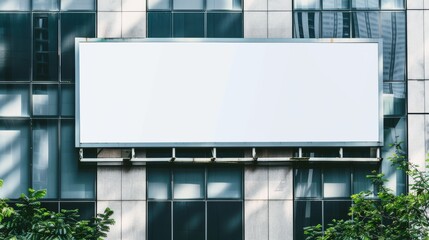 A blank white billboard stands against a glass-paneled building, surrounded by lush green foliage, inviting imaginative possibilities.