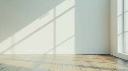 Wall Mural - Sunlight casts geometric patterns on the wooden floor of an empty room, highlighting its serene and spacious ambiance.