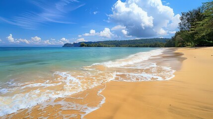 Poster - A serene tropical beach with soft golden sand, calm turquoise waters, and gentle waves lapping at the shore, ideal for relaxation and leisure