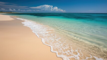 Poster - A serene tropical beach with soft golden sand, calm turquoise waters, and gentle waves lapping at the shore, ideal for relaxation and leisure