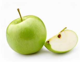 Whole green apple with a sliced wedge on white background, showcasing fresh fruit ideal for healthy snacks, raw food, and vegan diet in clean eating photography
