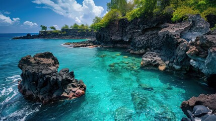 Poster - A serene tropical cove with rocky cliffs, clear blue waters, and a hidden sandy beach accessible only by boat or a scenic hike