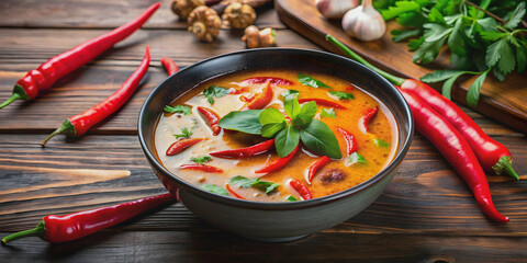 Spicy Thai soup with hot chili and fresh herbs , Thai food, spicy, soup, chili, heat, herbs, spicy cuisine, traditional