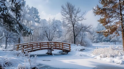 Poster - A serene winter wonderland showcasing a snowy landscape with a rustic wooden bridge over a frozen stream, surrounded by snow-covered trees and a peaceful winter sky