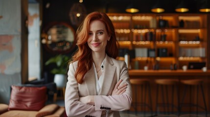 Sticker - A confident red-haired woman standing in a stylish café setting, with warm lighting and modern decor, exuding professionalism and charm.