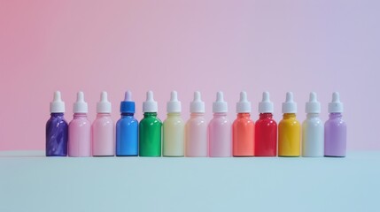 Wall Mural - A row of colorful dropper bottles arranged against a pastel backdrop, creating a visually pleasing gradient effect.