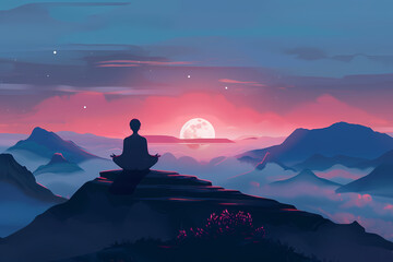 A tranquil scene of a silhouette meditating on a mountain peak at sunset, with vibrant colors filling the sky and moonlight illuminating the landscape.