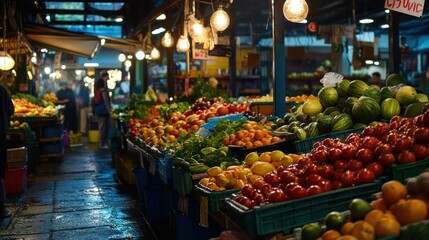 Canvas Print - A vibrant market filled with fresh fruits and vegetables, showcasing local produce.