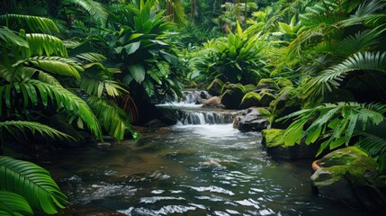 Sticker - A stream flowing through a lush, tropical rainforest, with vibrant green foliage and exotic plants framing the water.