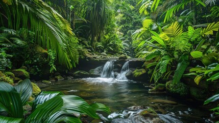 Sticker - A stream flowing through a lush, tropical rainforest, with vibrant green foliage and exotic plants framing the water.