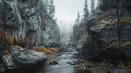 Sticker - A stream running through a rocky terrain with dramatic cliffs rising on either side, emphasizing the rugged beauty of the landscape