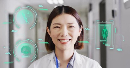 Poster - Animation of science data over asian female doctor smiling