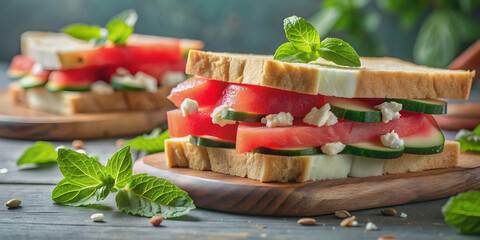 Close-up of a refreshing watermelon sandwich with feta cheese and mint , food, snack, healthy, summer, fresh, vegetarian, red