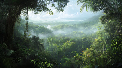 a panoramic view of the amazon rainforest canopy, with layers of greenery and various species of tre