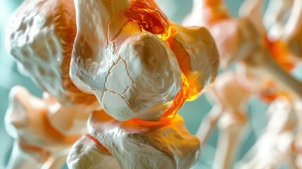 Cross-section of a joint affected by osteoarthritis, highlighting cartilage wear and joint pain