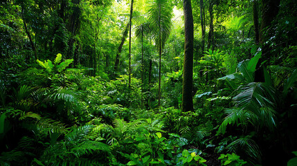 Wall Mural - A dense section of the Amazon rainforest with towering trees and lush green foliage, showcasing the rich biodiversity of plant life 