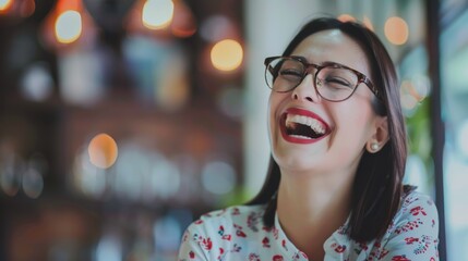 Sticker - A joyful woman with glasses, laughing heartily in a warmly lit cafe environment.