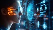 © Wish Craft Arts - Woman wearing futuristic glasses looks at a digital screen with glowing blue and orange graphics.