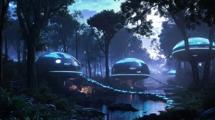 Wall Mural - Futuristic dome homes nestled in a dense forest with a glowing river and bridge.