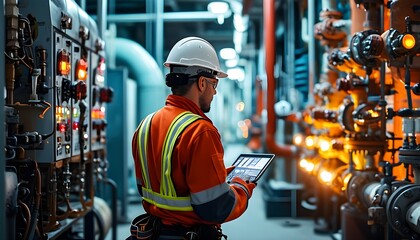 Wall Mural - Engineer in safety gear fine-tuning machinery amid vibrant lights and intricate piping in an industrial facility