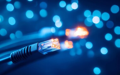 Close-up of lit network cables against a blue background, showcasing technology and connectivity in a modern digital environment.