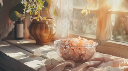 Canvas Print - A bowl of pink Himalayan salt is bathed in warm sunlight on a rustic wooden window sill, with plants adding a touch of nature.