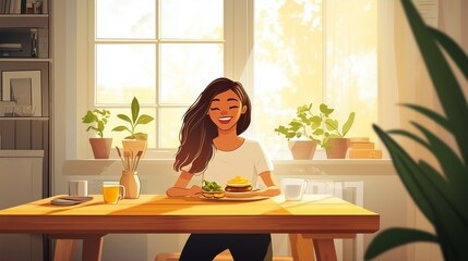 A woman enjoys a healthy breakfast at a sunlit kitchen table filled with plants and warm morning light