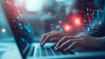 Close up of hands typing on a laptop keyboard with glowing digital lines and data overlay.