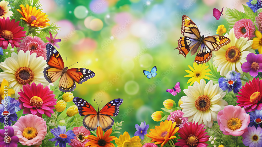 Bright background of colorful flowers and butterflies , nature, spring ...