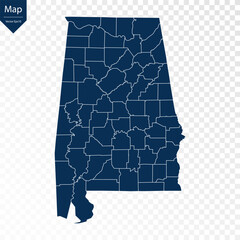 Wall Mural - Transparent - High Detailed Blue Map of Alabama. Vector eps10.	
