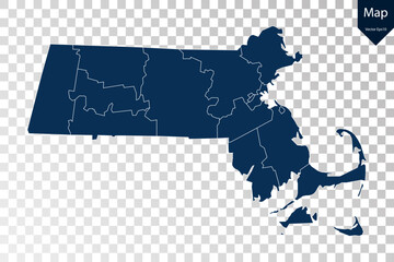 Transparent - High Detailed Blue Map of Massachusetts. Vector eps10.	
