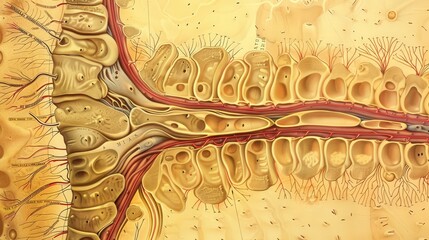 Cross-section of the spinal cord, showing the vertebrae, spinal nerves, and the role of the spinal cord in nerve signal transmission.