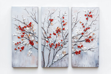 Oil paintings artwork, floral winter scenics triptych, blooming branch