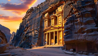 Wall Mural - Enchanting sunset view of Petras Al Khazneh, with dramatic clouds highlighting the grandeur of this ancient architectural marvel in Jordan