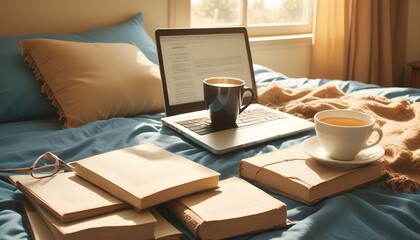 Laptop; digital tablet; spectacles and cup on bed