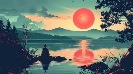 Wall Mural - A person sits in quiet meditation on a rock by the lake as a vibrant sunset paints the sky in shades of orange and pink