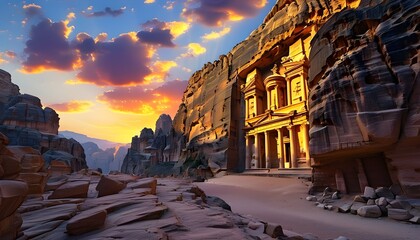 Wall Mural - Enchanting sunset view of Petras Al Khazneh, with dramatic clouds highlighting the grandeur of this ancient architectural marvel in Jordan