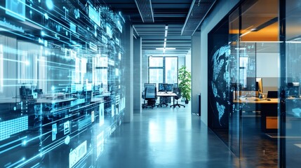 Modern office hallway with digital data overlay, showcasing connectivity and innovation.