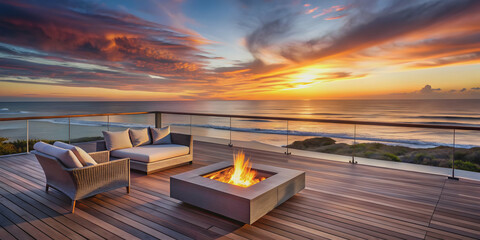 Stylish fire pit on a modern beach house deck with ocean sunset view , fire pit, deck, modern, beach house