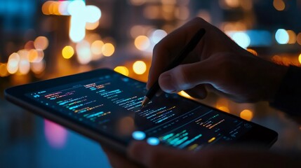 Close up of a hand using a stylus on a tablet displaying code.