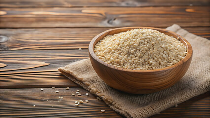 Wall Mural - Oat bran in a white bowl over a wooden table, healthy, breakfast, fiber, nutrition, organic, whole grain, meal, natural